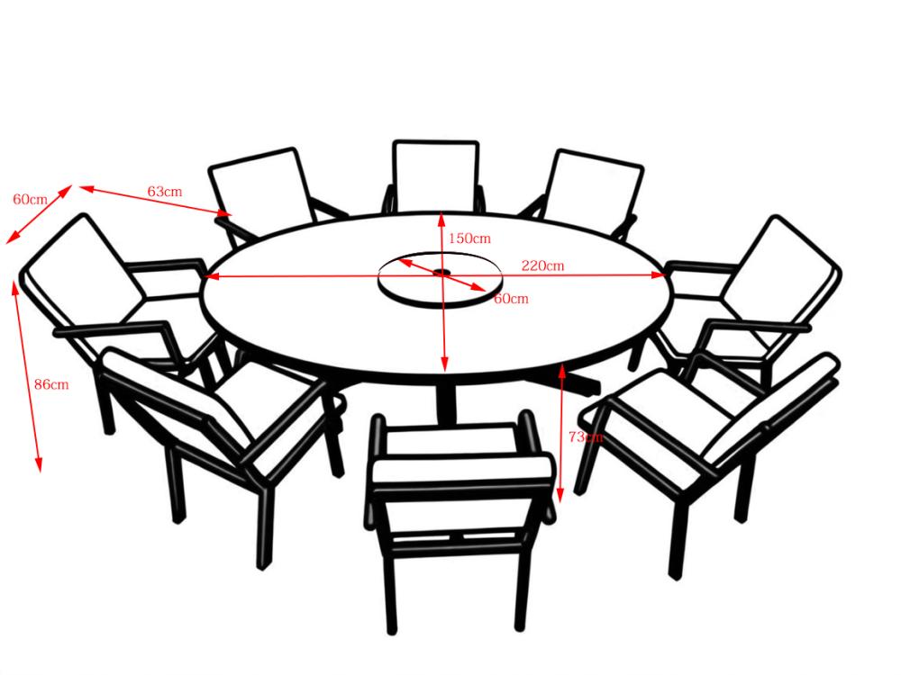 Aluminium SEBASTIAN 220cm 8 Seat Oval Dining Table Set INC Free Lazy Suzan