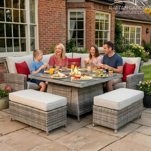 Champagne Boston Corner Fire Pit Dining Table Set