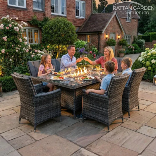 Serena Rattan Atlanta Rectangular 6 Seater Fire Pit Dining Set
