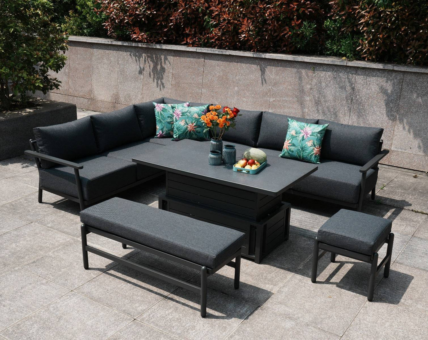 Aluminium Corner Dining Set with Grey Rising Table