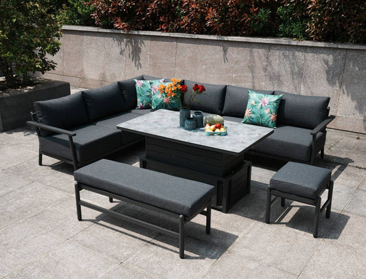 Deluxe Aluminium Garden Furniture Corner Dining Set With Stylish Patterned Grey Rising Table