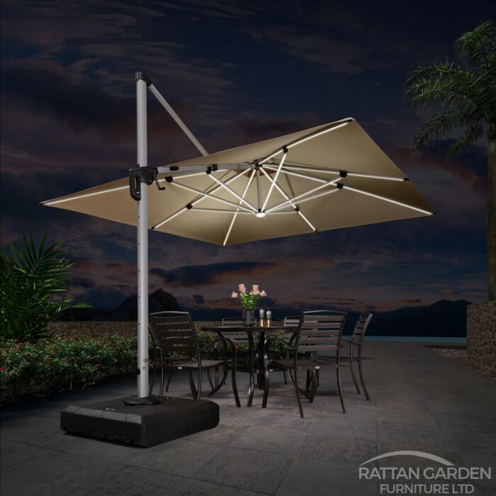 Deluxe 3m Square Cantilever Parasol with LED Lights in Beige with Base