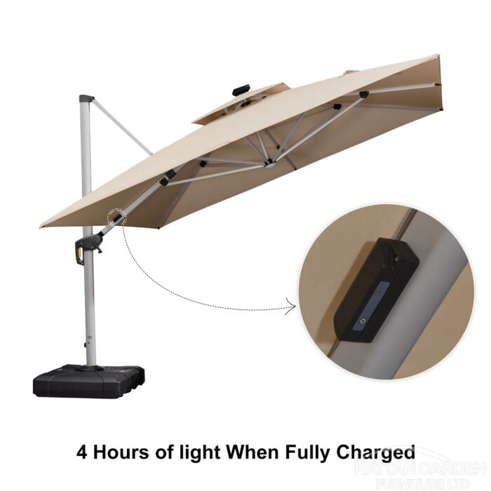 Deluxe 3m Square Cantilever Parasol with LED Lights in Beige with Base