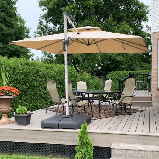 Deluxe 3m Square Cantilever Parasol with LED Lights in Beige with Base