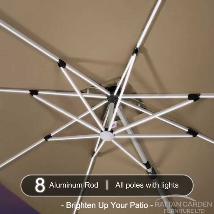Deluxe 3m Square Cantilever Parasol with LED Lights in Beige with Base
