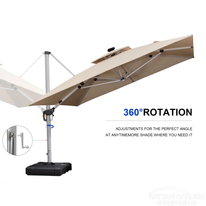 Deluxe 3m Square Cantilever Parasol with LED Lights in Beige with Base