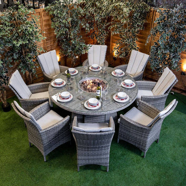 Champagne Rattan Atlanta 8 Seater Fire Pit Round Dining Table Set