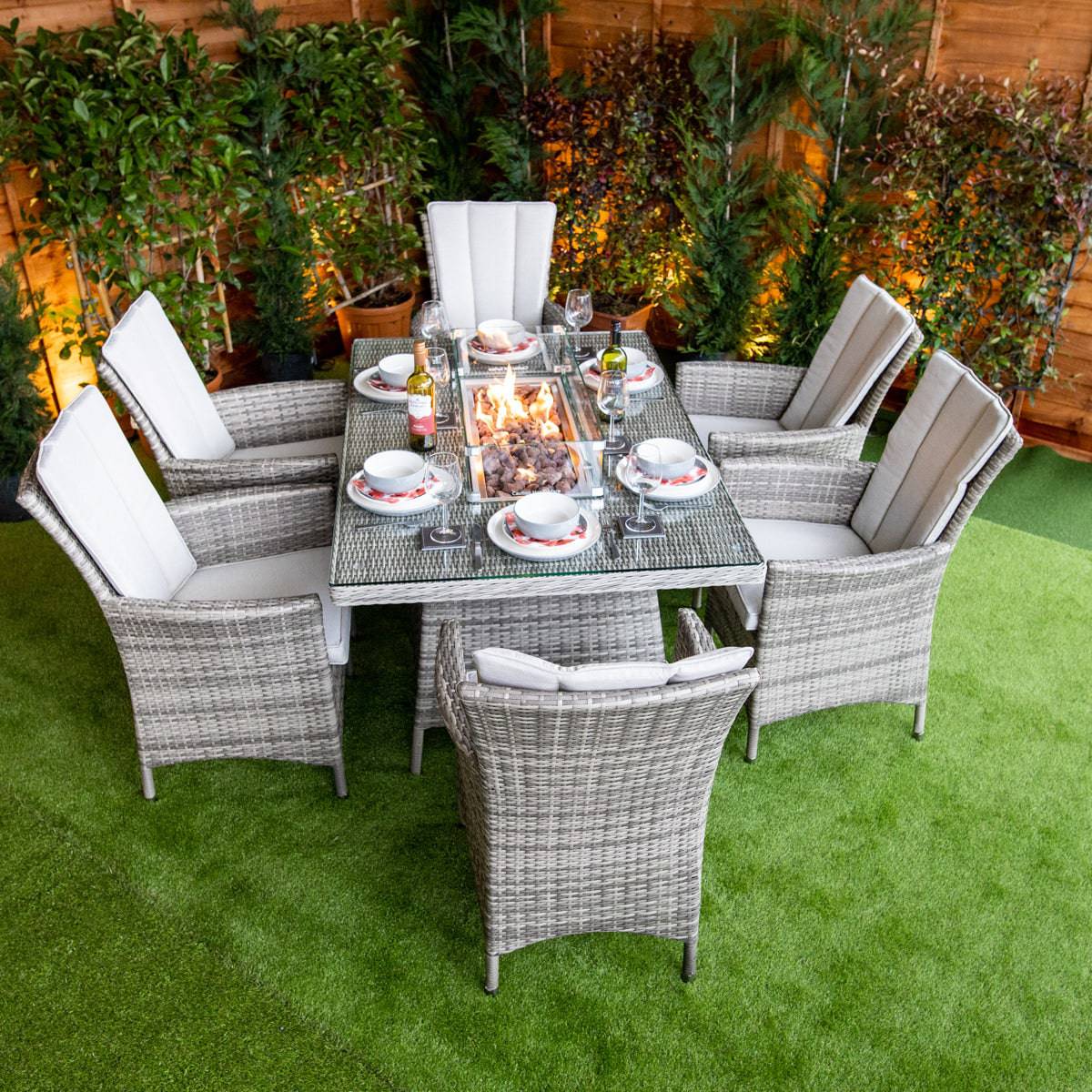 Champagne Rattan Atlanta Rectangular 6 Seater Fire Pit Dining Table Set