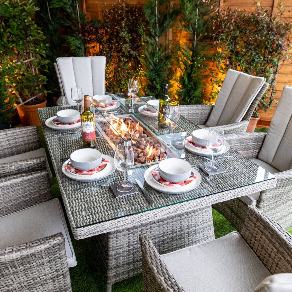 Champagne Rattan Atlanta Rectangular 6 Seater Fire Pit Dining Table Set