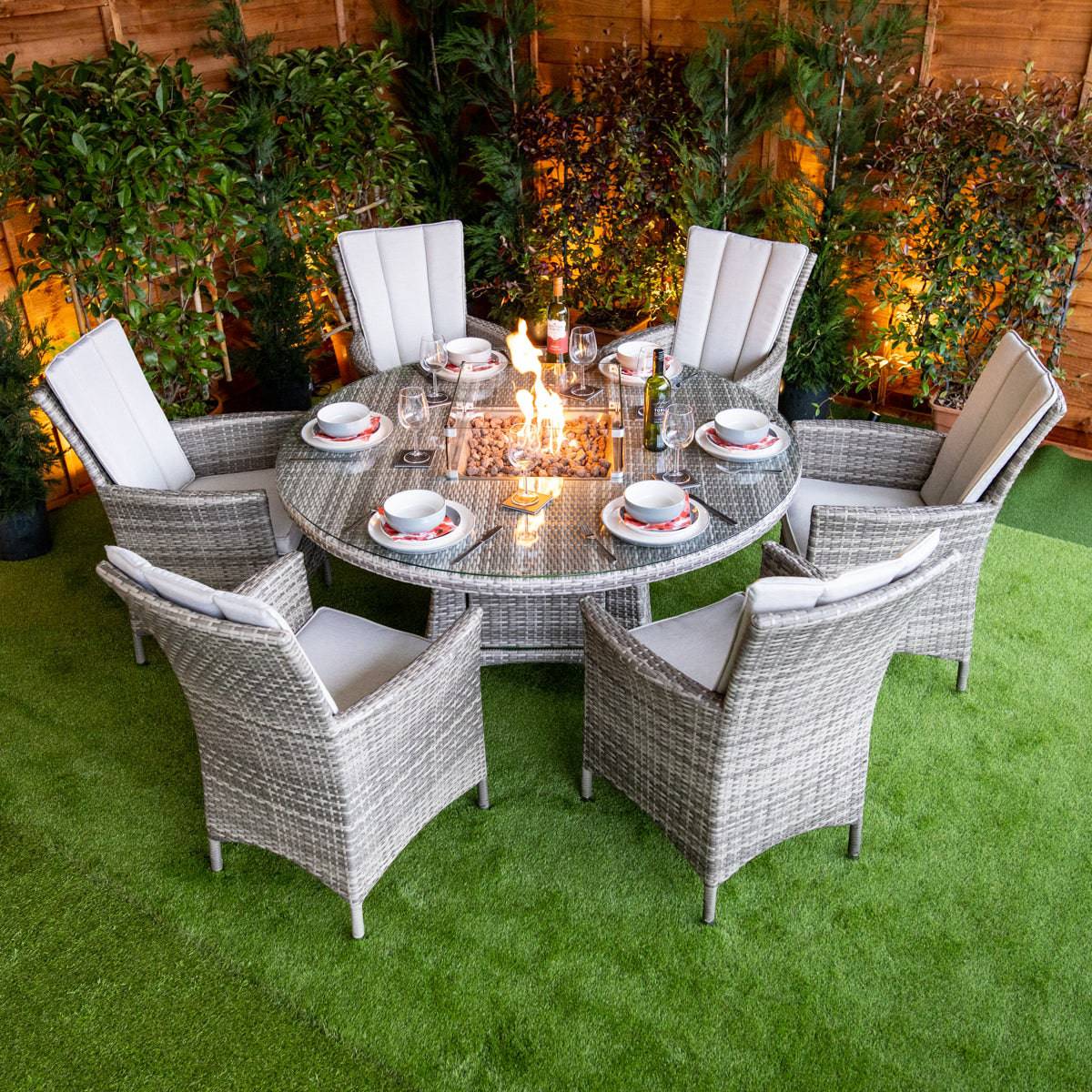Champagne Rattan Atlanta Round 6 Seater Fire Pit Dining Table Set