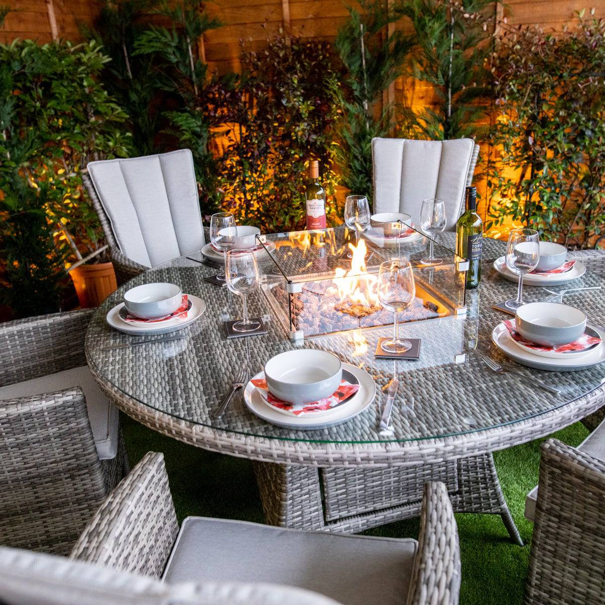Champagne Rattan Atlanta Round 6 Seater Fire Pit Dining Table Set