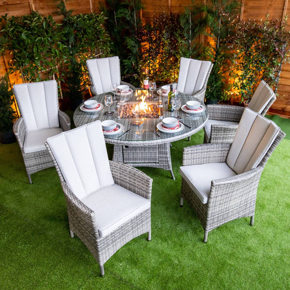 Champagne Rattan Atlanta Round 6 Seater Fire Pit Dining Table Set
