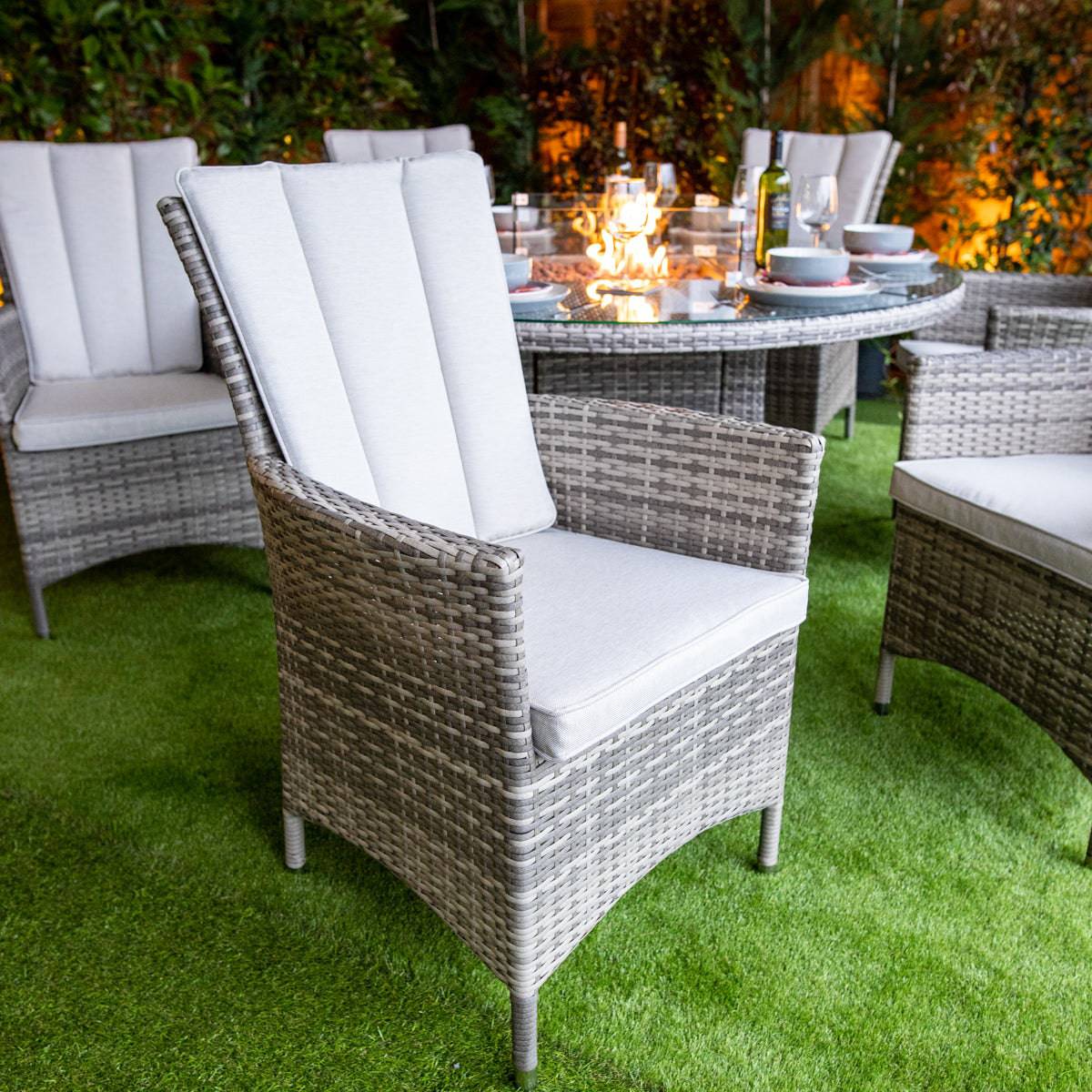 Champagne Rattan Atlanta Round 6 Seater Fire Pit Dining Table Set
