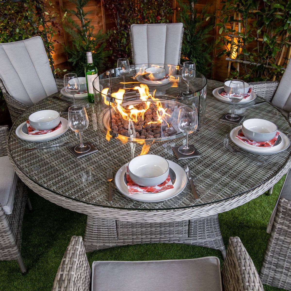 Champagne Rattan Atlanta Round 6 Seater Fire Pit Dining Table Set