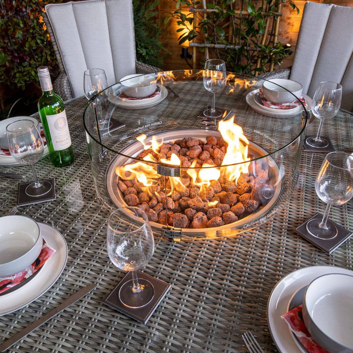 Champagne Rattan Atlanta Round 6 Seater Fire Pit Dining Table Set