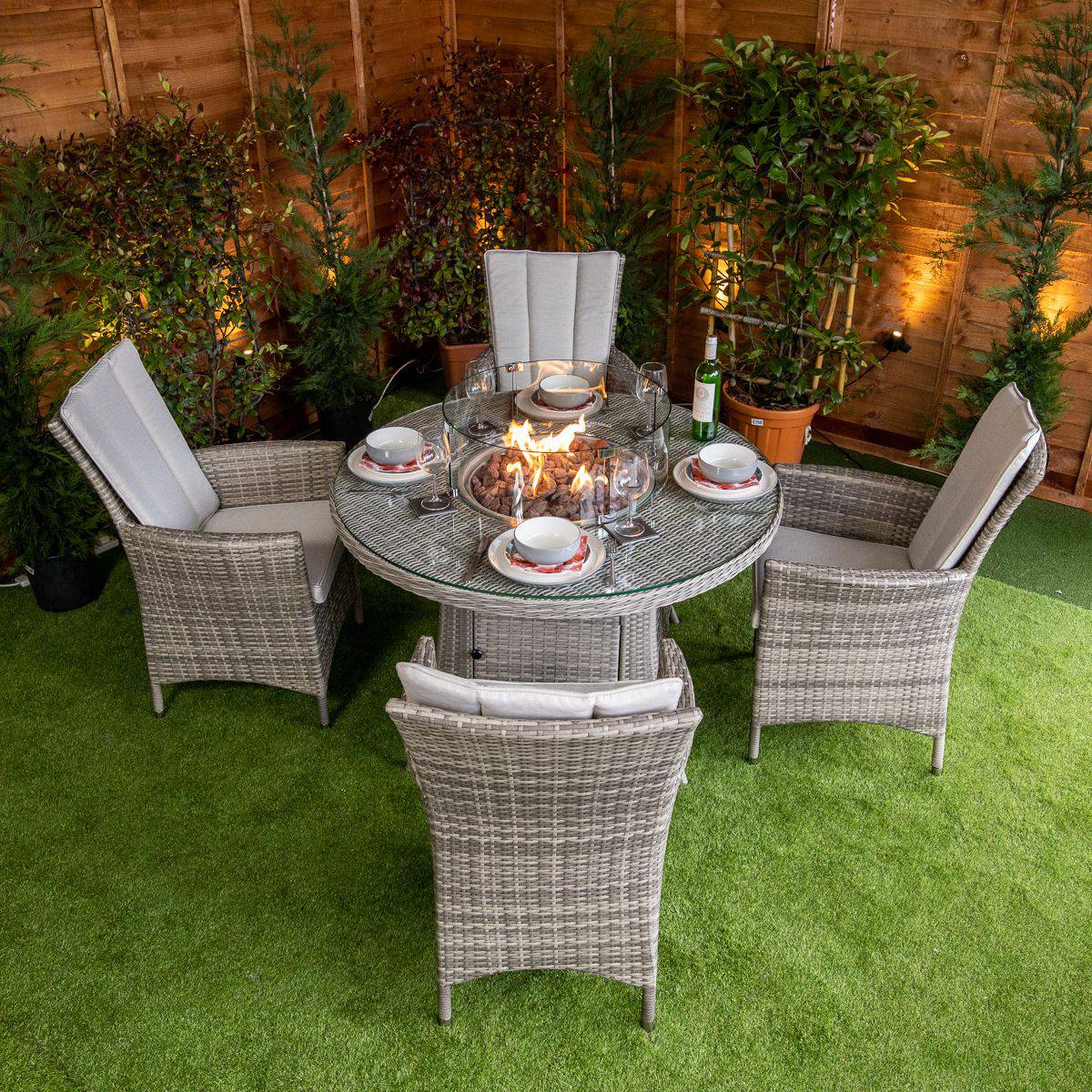 Champagne Atlanta Round 4 Seat Fire Pit Rattan Dining Table Set