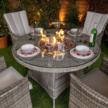 Champagne Atlanta Round 4 Seat Fire Pit Rattan Dining Table Set