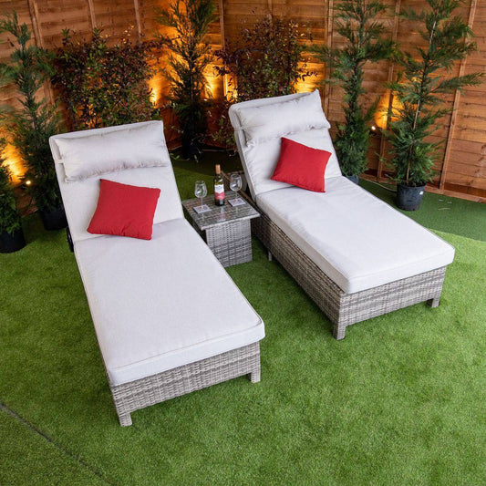 Champagne Rattan Deluxe Extra Wide Wheeled Lounger Set of 2 with Side Table