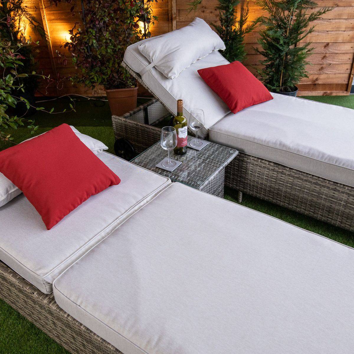 Champagne Rattan Deluxe Extra Wide Wheeled Lounger Set of 2 with Side Table