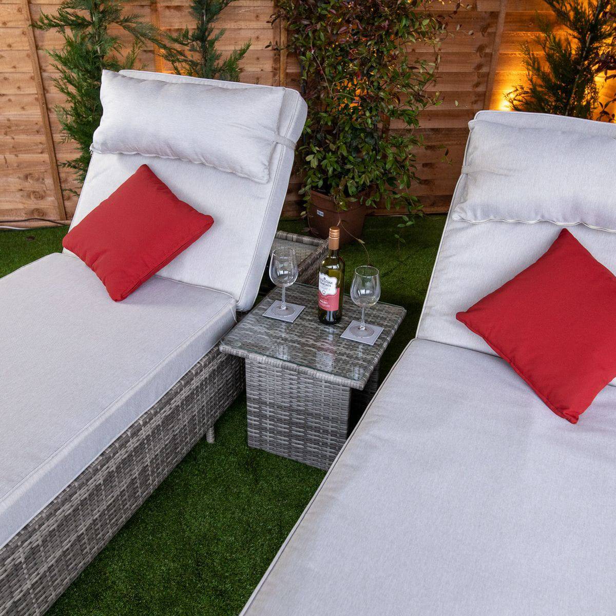 Champagne Rattan Deluxe Extra Wide Wheeled Lounger Set of 2 with Side Table