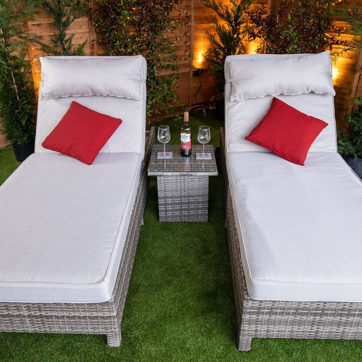 Champagne Rattan Deluxe Extra Wide Wheeled Lounger Set of 2 with Side Table