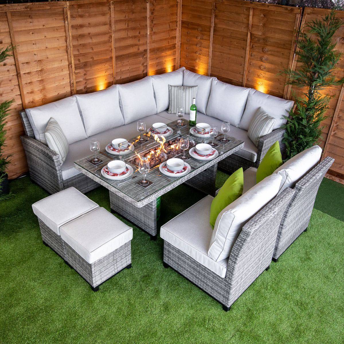 Champagne Rattan Madison Corner Dining Firepit Set