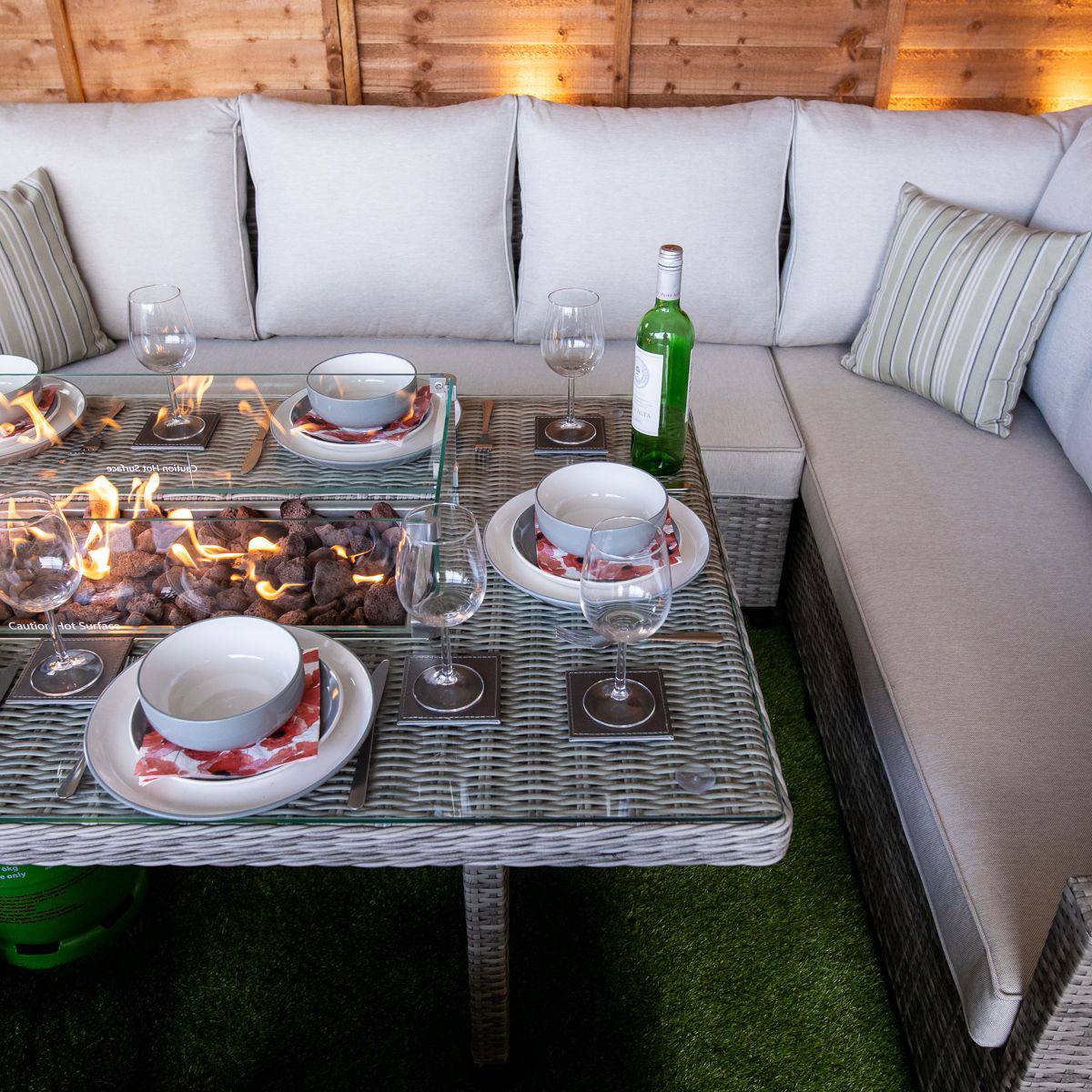 Champagne Rattan Madison Corner Dining Firepit Set