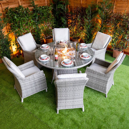 Champagne Paris 6 Seat Rattan Round Fire Pit Dining Set