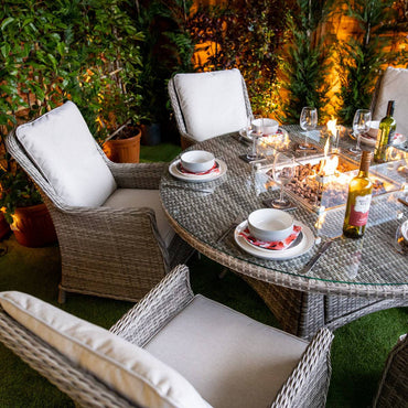 Champagne Paris 6 Seat Rattan Round Fire Pit Dining Set