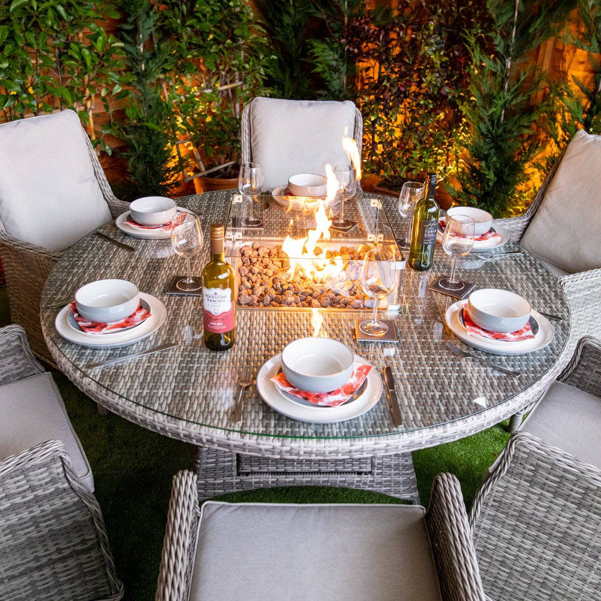 Champagne Paris 6 Seat Rattan Round Fire Pit Dining Set