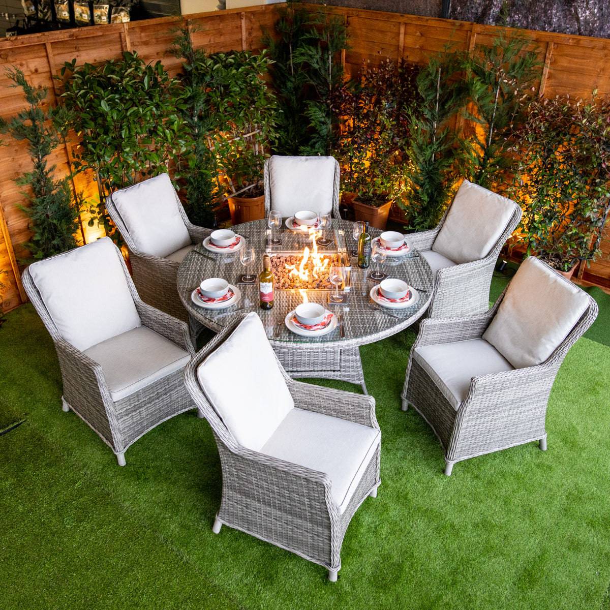 Champagne Paris 6 Seat Rattan Round Fire Pit Dining Set