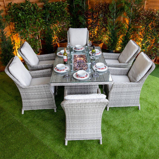 Champagne Rattan Paris Rectangular 6 Seat Fire Pit Set