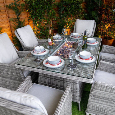 Champagne Rattan Paris Rectangular 6 Seat Fire Pit Set