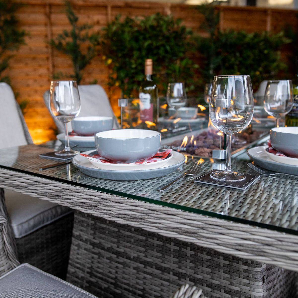 Champagne Rattan Paris Rectangular 6 Seat Fire Pit Set