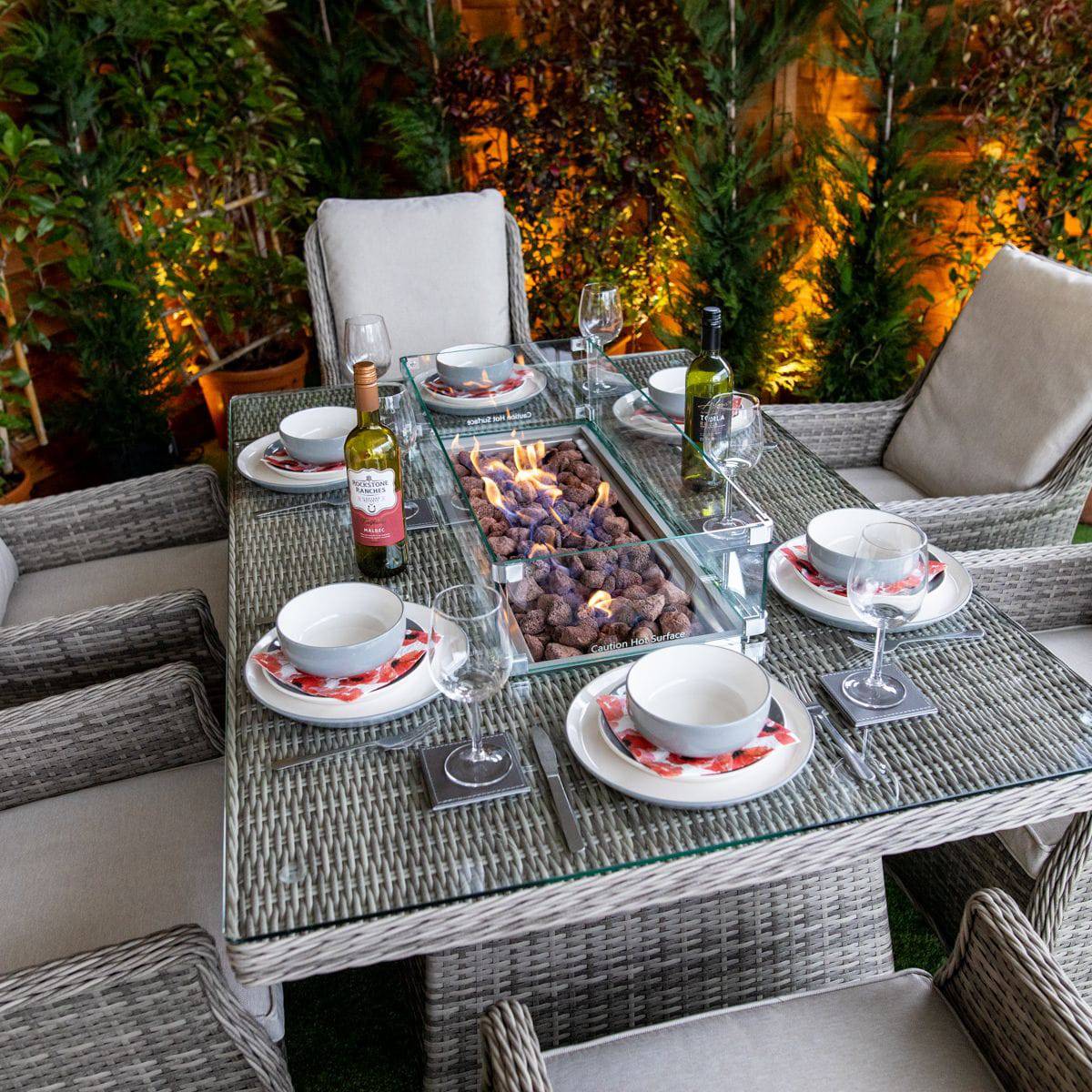Champagne Rattan Paris Rectangular 6 Seat Fire Pit Set
