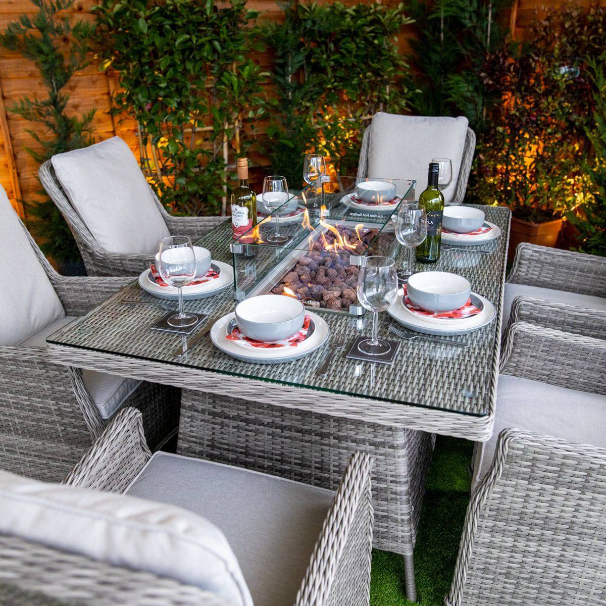 Champagne Rattan Paris Rectangular 6 Seat Fire Pit Set