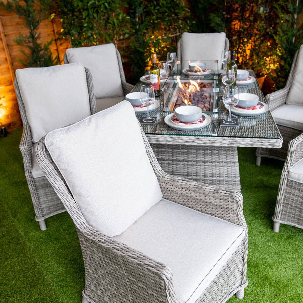 Champagne Rattan Paris Rectangular 6 Seat Fire Pit Set
