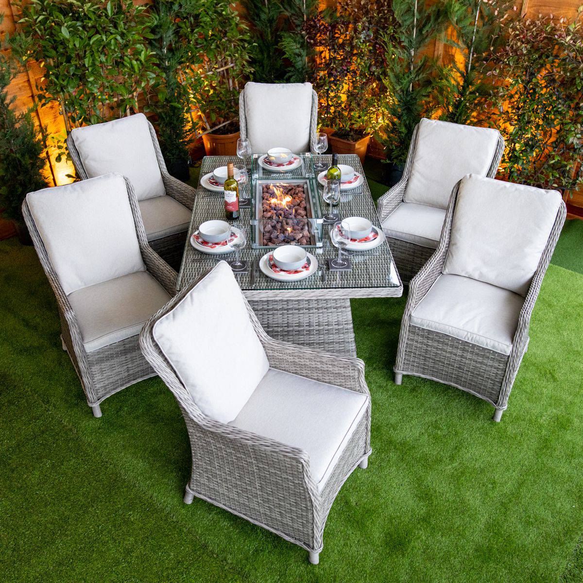 Champagne Rattan Paris Rectangular 6 Seat Fire Pit Set