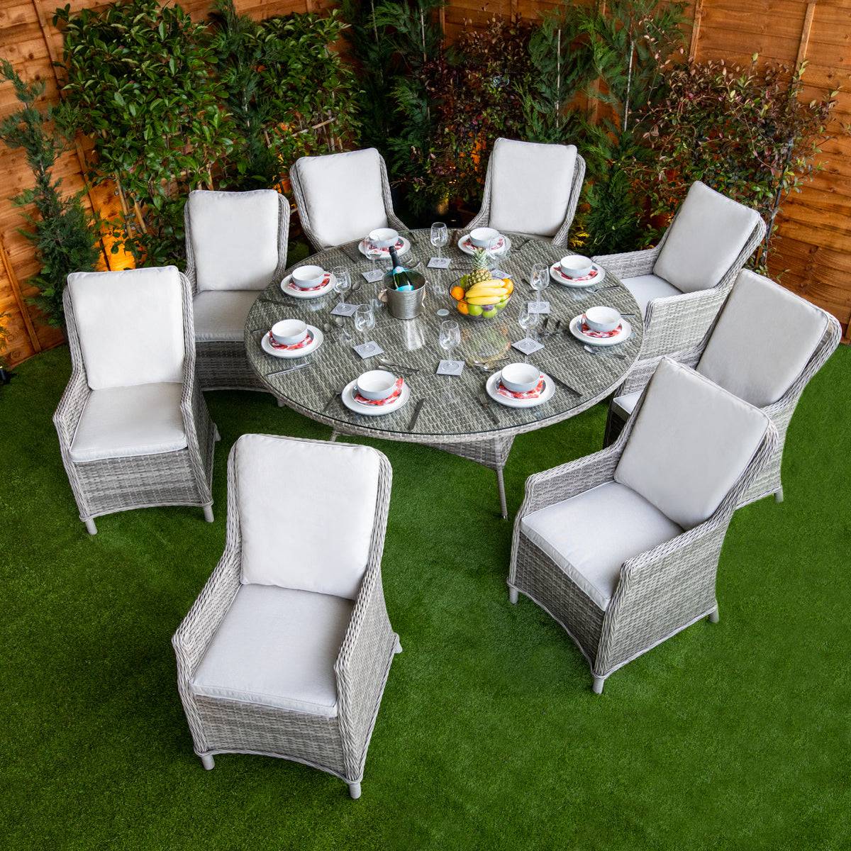 Champagne Rattan Paris Round 8 Seat Dining Set