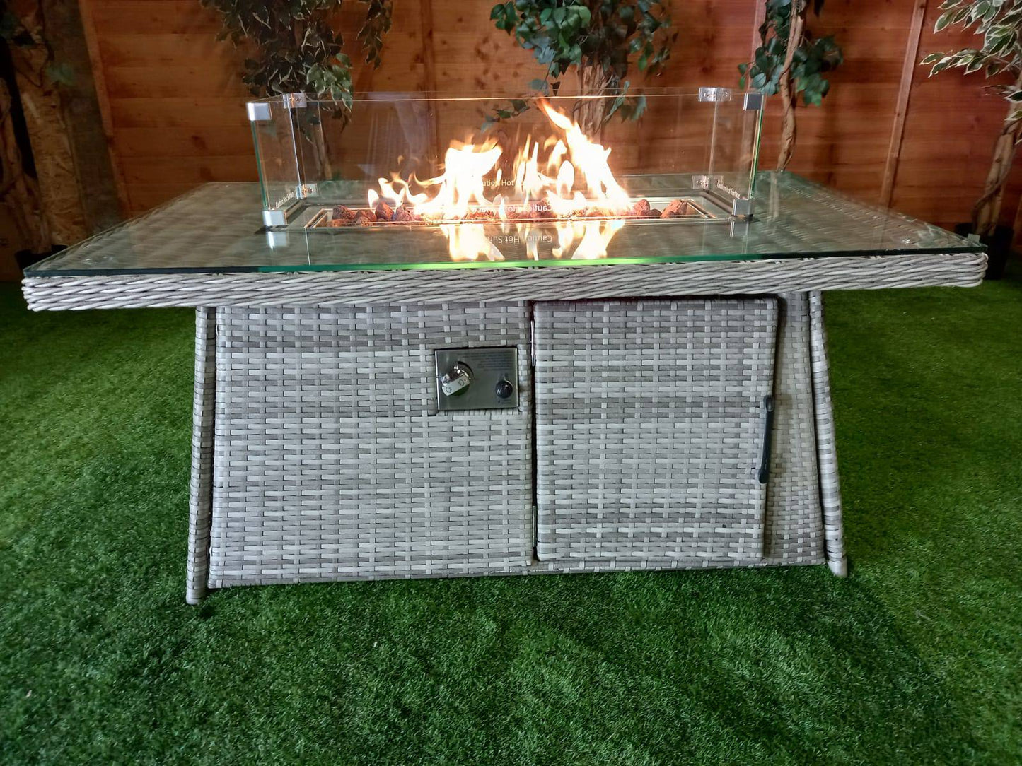 Champagne Rattan Rectangle Fire Pit Coffee Table
