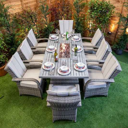 Champagne Rattan Tokyo Rectangular 8 Seat Aluminium Table Top Fire Pit Set