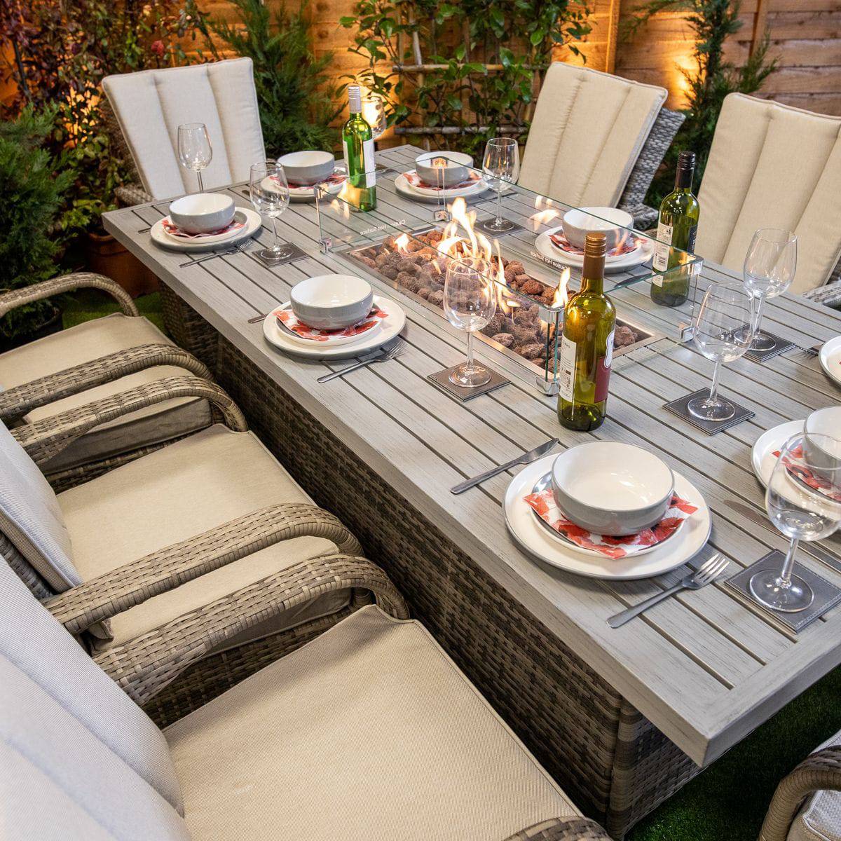 Champagne Tokyo Rectangular 8 Seat Aluminium Table Top Fire Pit Set