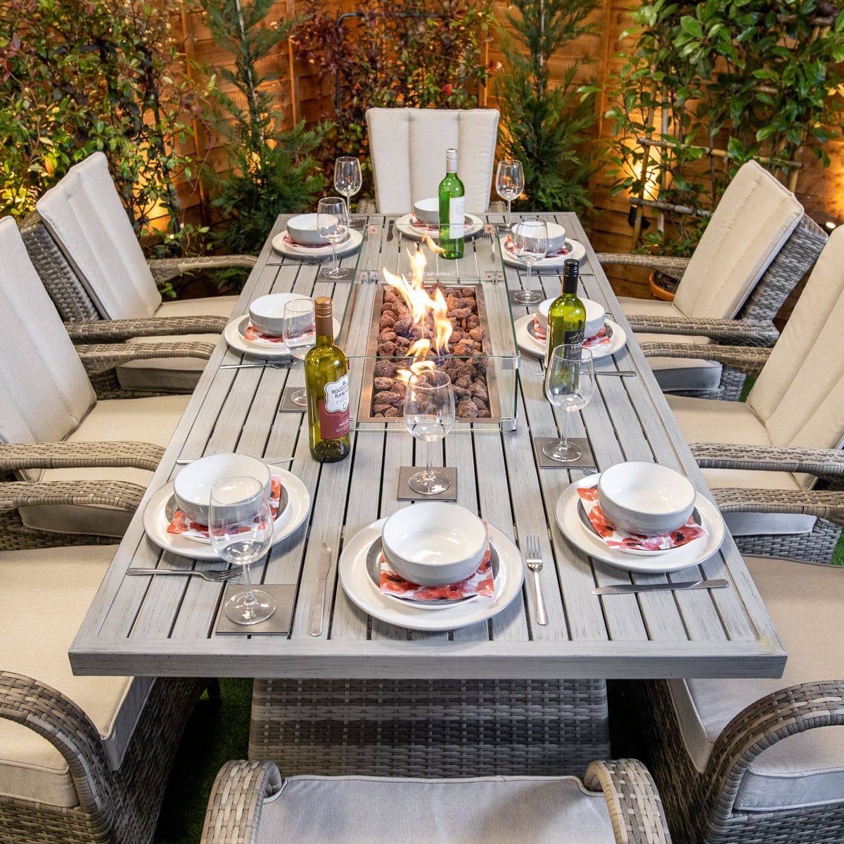 Champagne Tokyo Rectangular 8 Seat Aluminium Table Top Fire Pit Set
