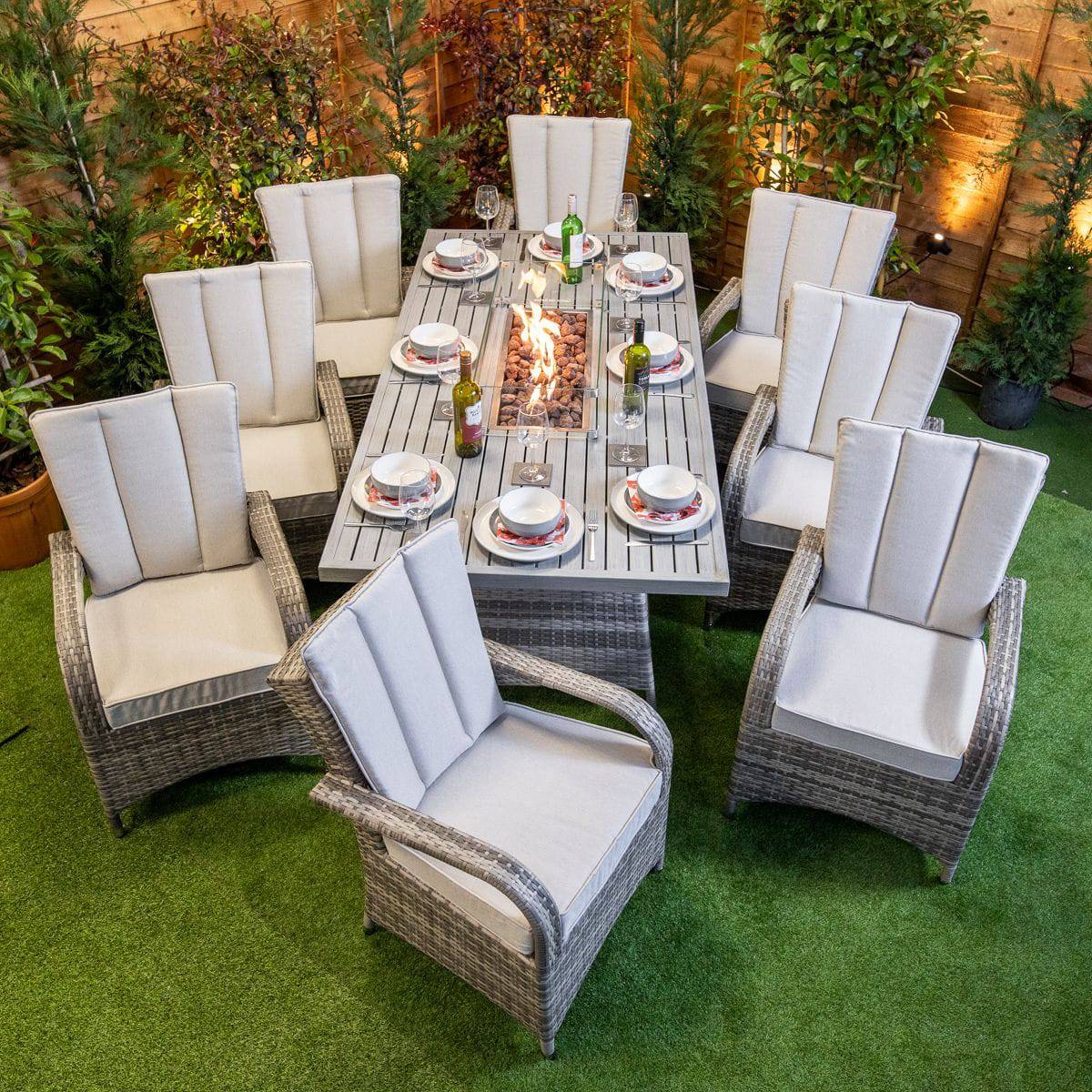 Champagne Tokyo Rectangular 8 Seat Aluminium Table Top Fire Pit Set