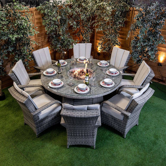 Champagne Rattan Tokyo Round 8 Seat Fire Pit Dining Set