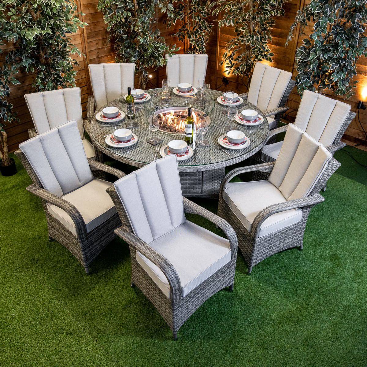Champagne Rattan Tokyo Round 8 Seat Fire Pit Dining Set