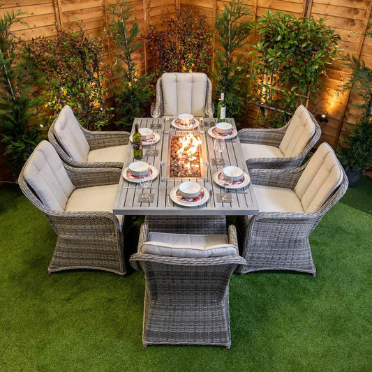 Champagne Rattan Vienna Rectangular 6 Seat Aluminium Table Top Fire Pit Set