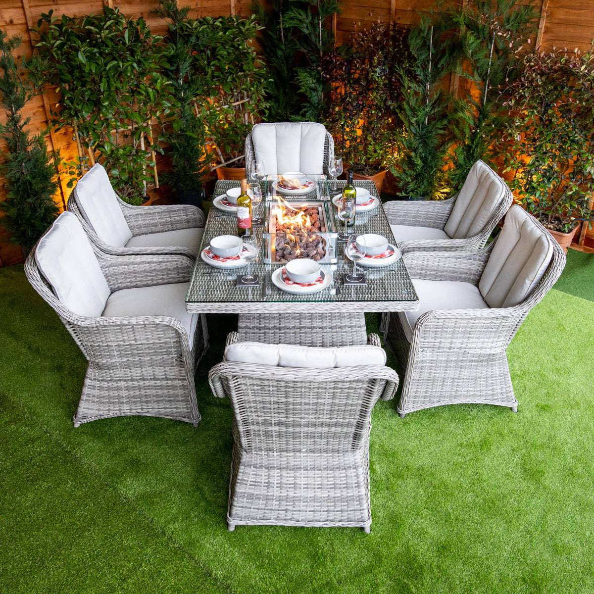Champagne Rattan Vienna Rectangular 6 Seater Fire Pit Dining Set