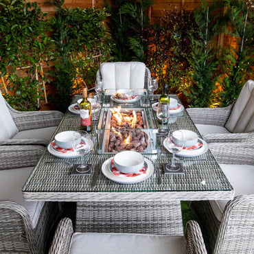 Champagne Rattan Vienna Rectangular 6 Seater Fire Pit Dining Set