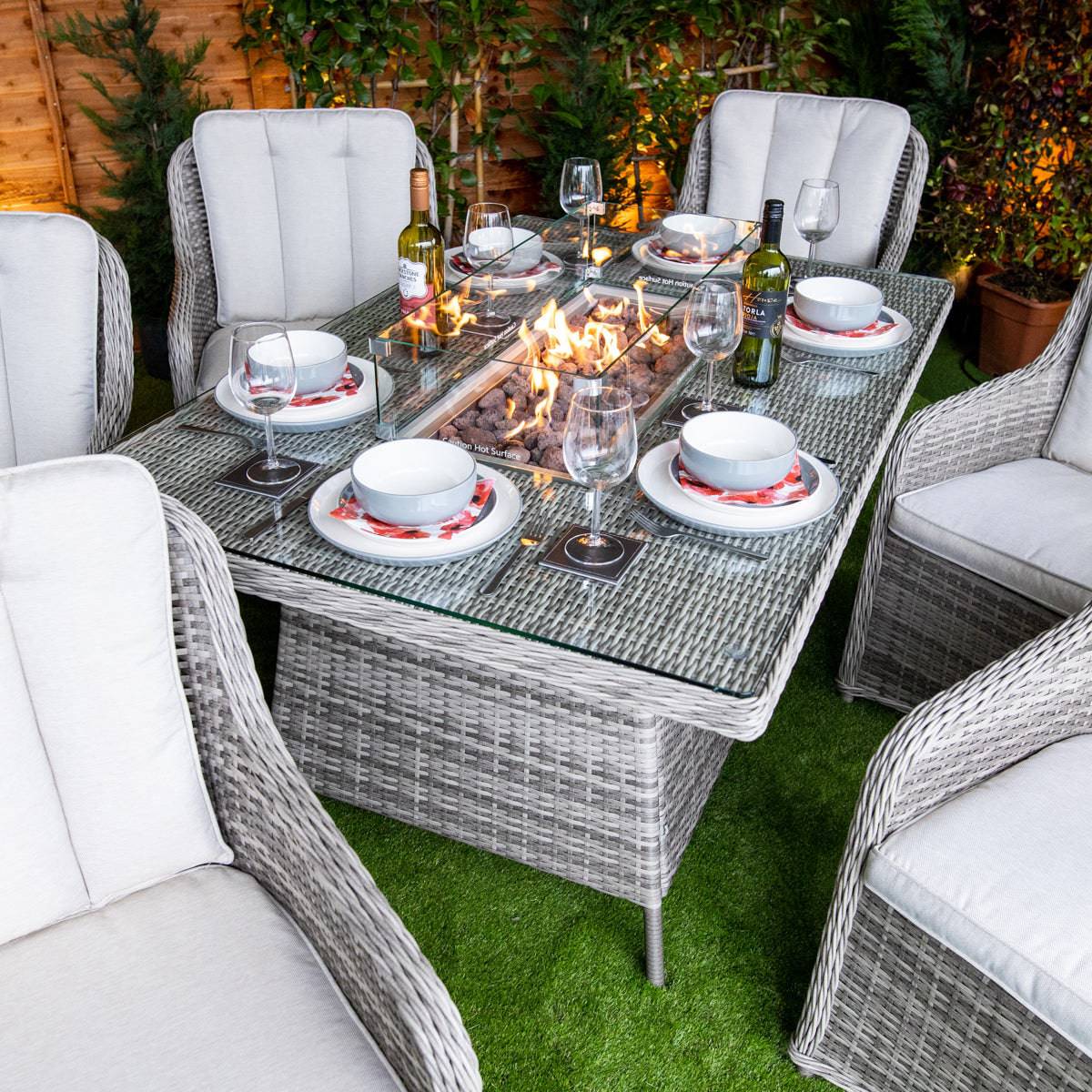 Champagne Rattan Vienna Rectangular 6 Seater Fire Pit Dining Set